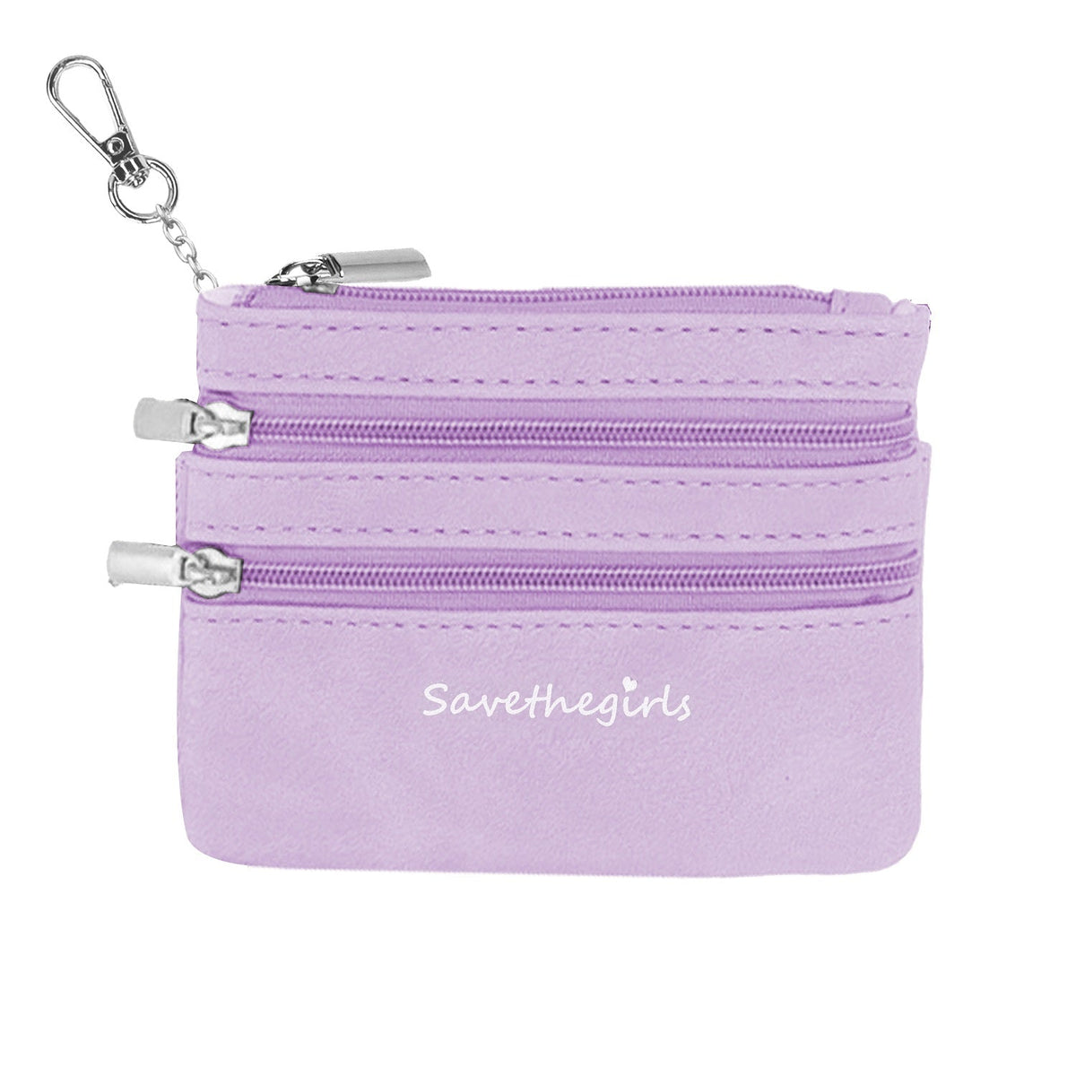 Light purple zippered pouch with three zipper compartments and metal keychain ring