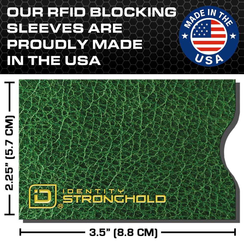 Green leather-look RFID blocking card sleeve, curved corner, sleeve size shown