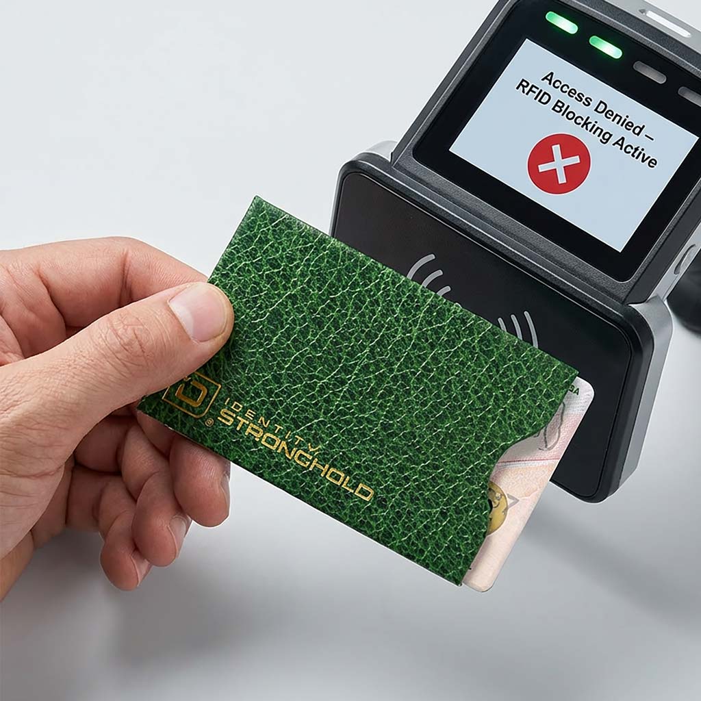 Green leather-look RFID card sleeve held in hand beside RFID access display