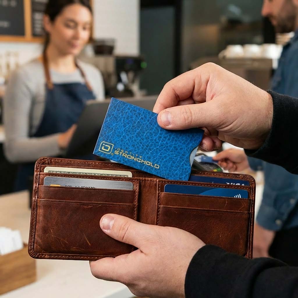 Blue leather-look RFID blocking card sleeve inserted into brown wallet
