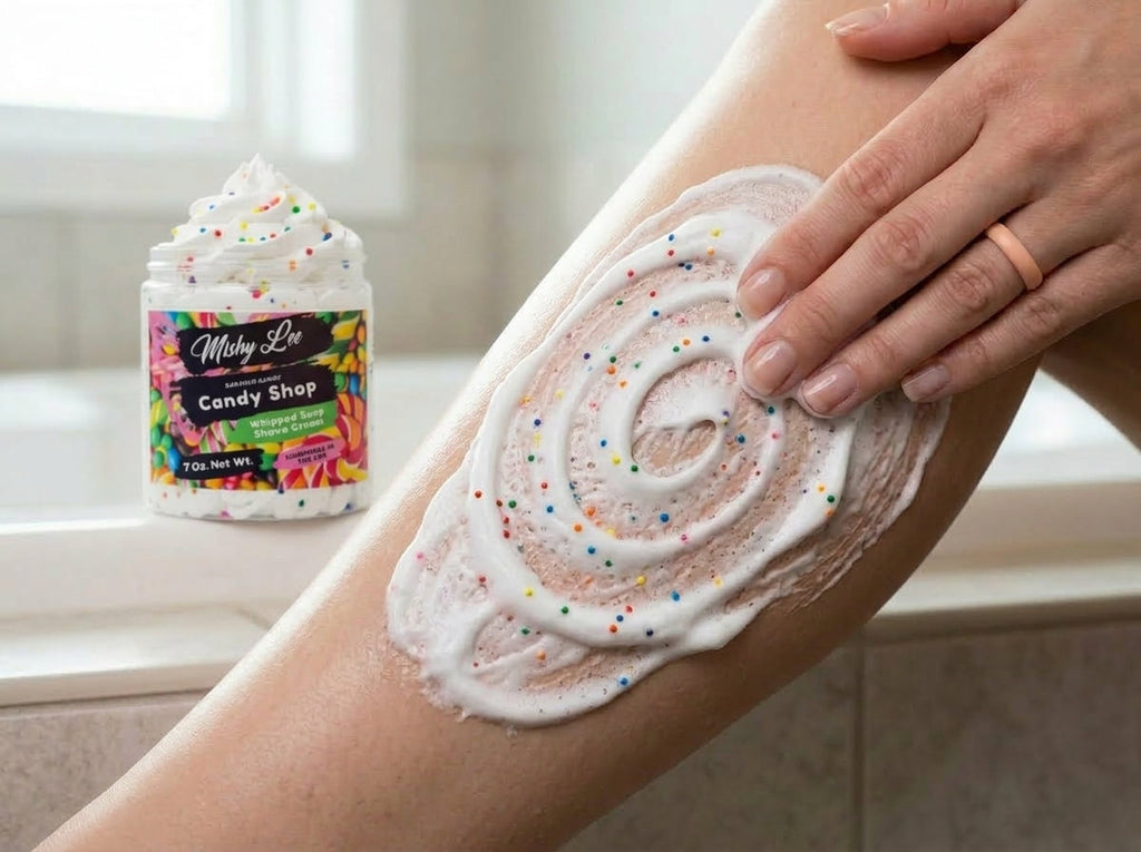 White whipped soap with colorful sprinkles spread on skin; Mishy Lee Candy Shop jar