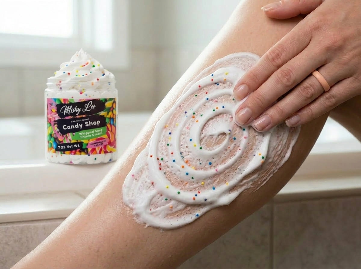 White whipped soap with colorful sprinkles spread on skin; Mishy Lee Candy Shop jar