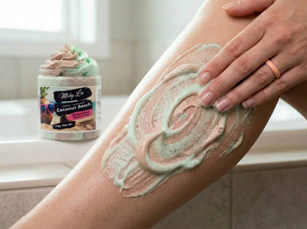 Whipped soap and shave cream spread on skin with mint and brown swirl texture