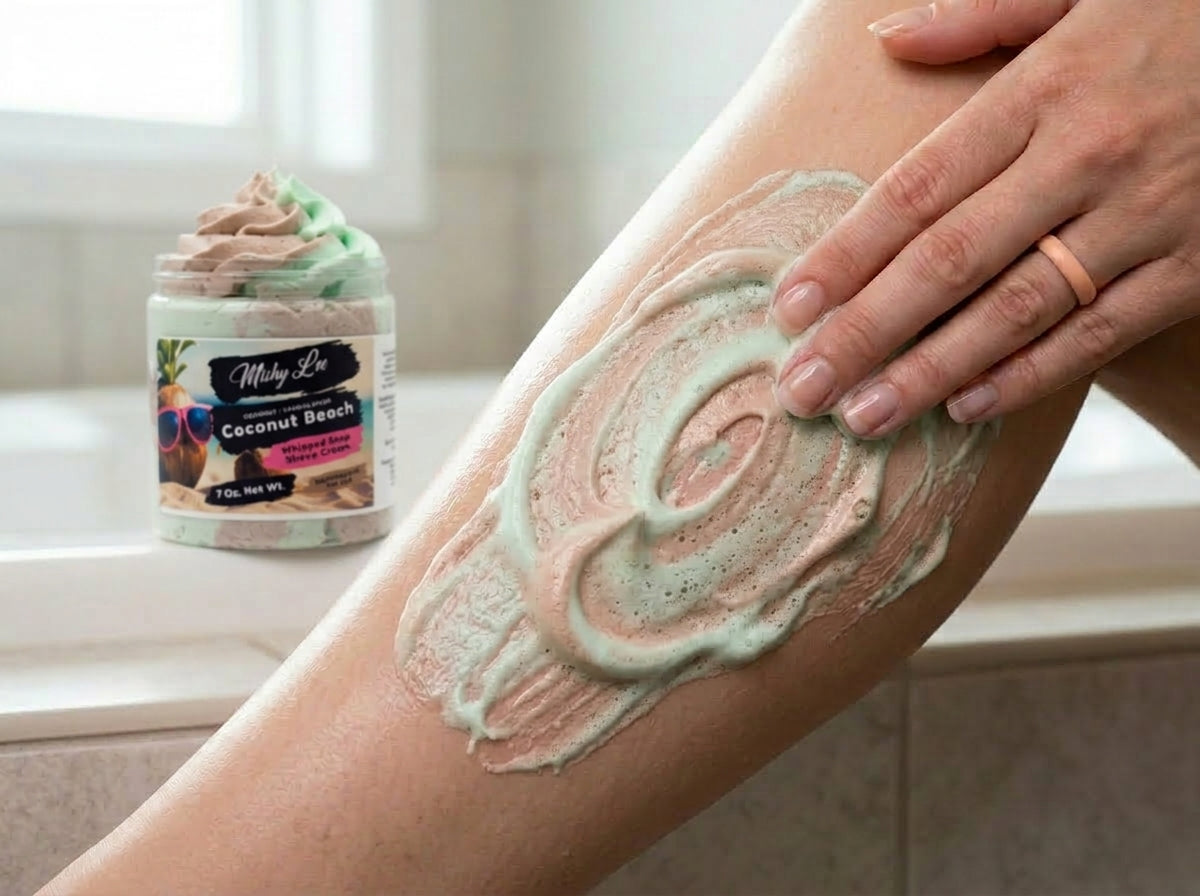 Whipped soap and shave cream spread on skin with mint and brown swirl texture
