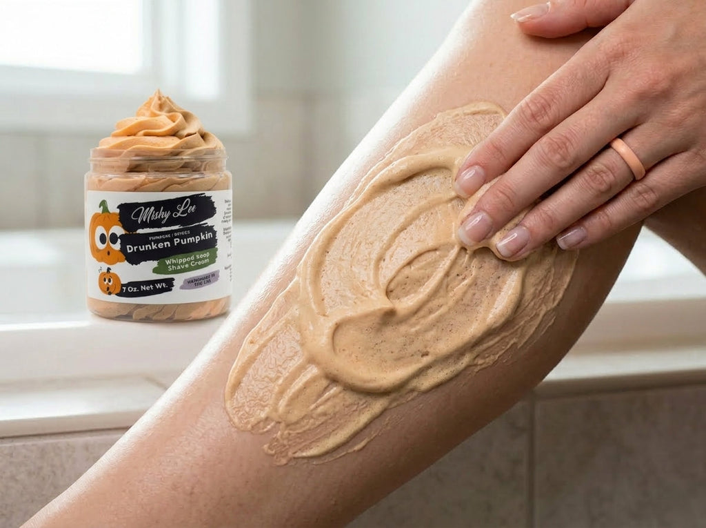 Orange whipped soap spread on skin with a small jar in view