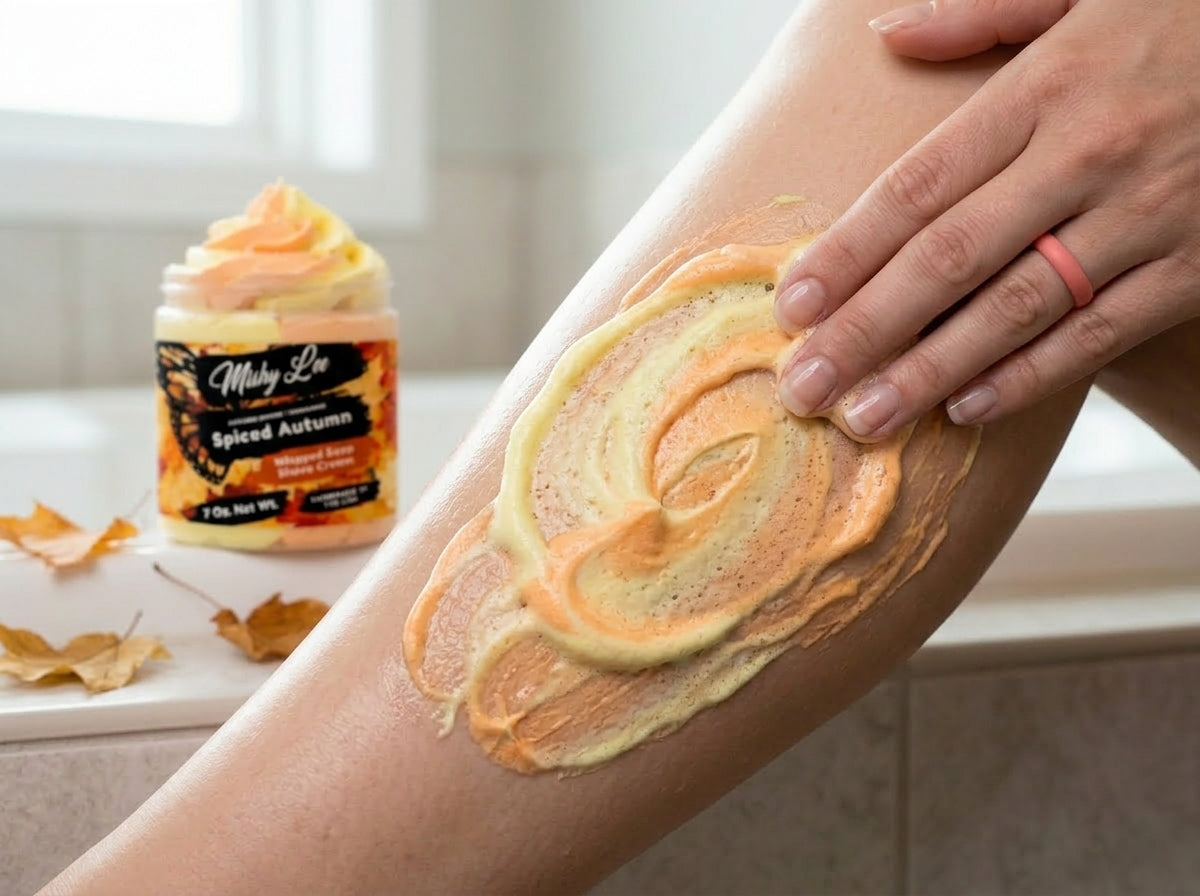 Whipped soap shaving lather spread on leg skin with small jar in background