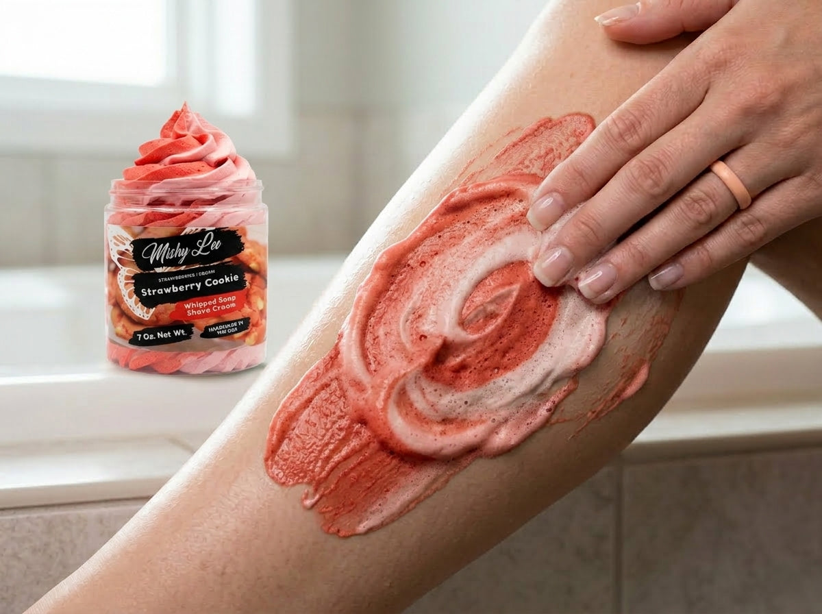 Hand applying pink whipped soap cream with swirled foam texture to skin