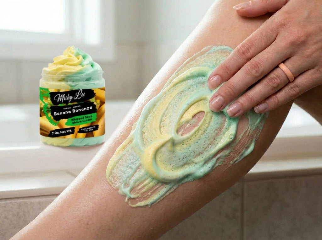 Whipped soap and shave cream lather on skin in yellow and mint swirls