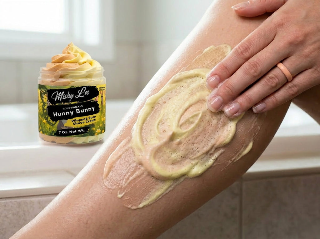 Whipped soap and shave cream spread on arm with jar in background