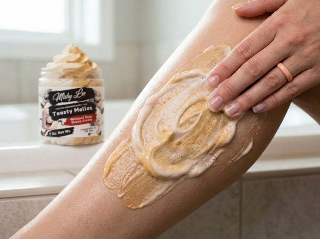 Creamy lather on forearm with whipped soap and shave cream jar in background