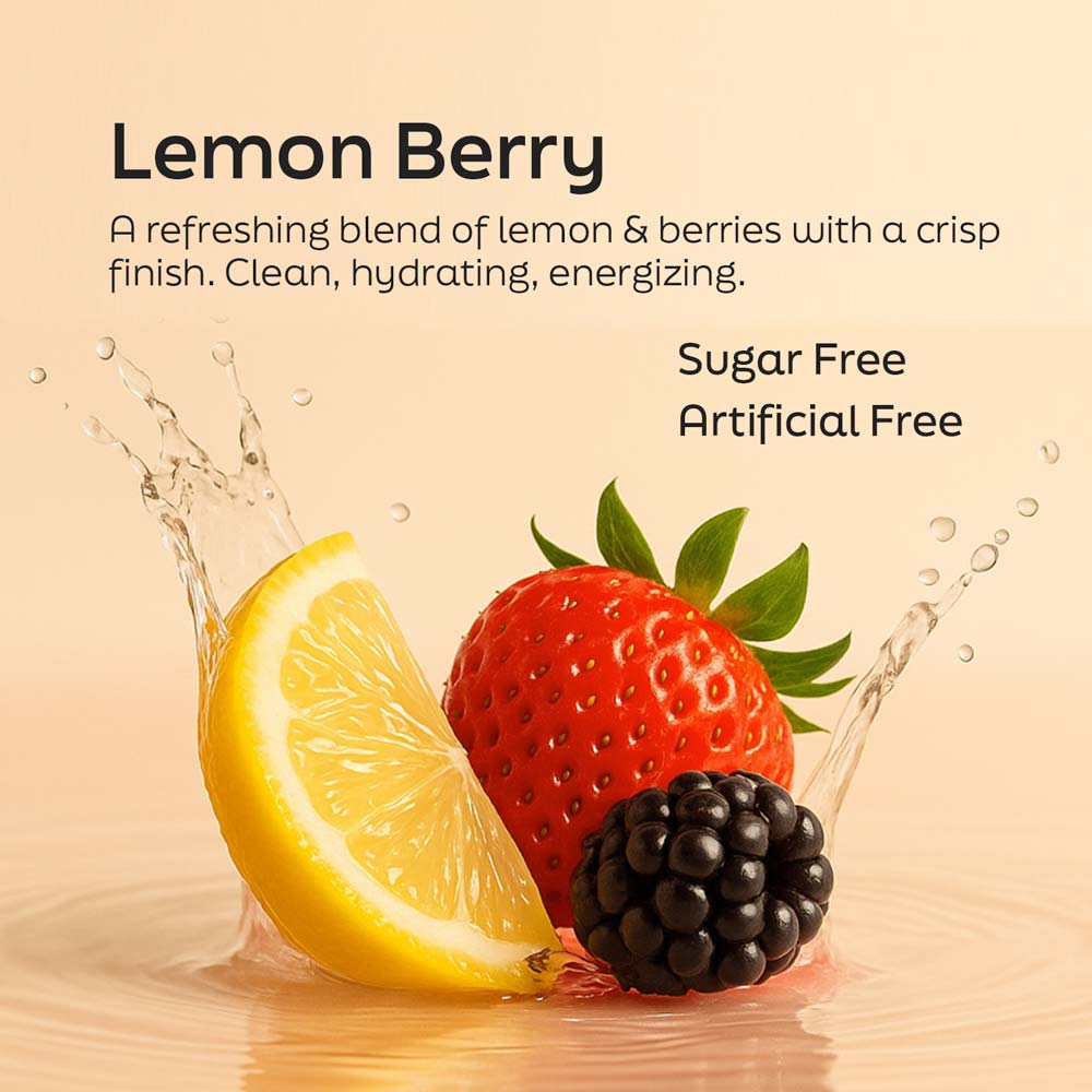 Lemon Berry flavor mix with lemon slice, strawberry, and blueberries in water splash
