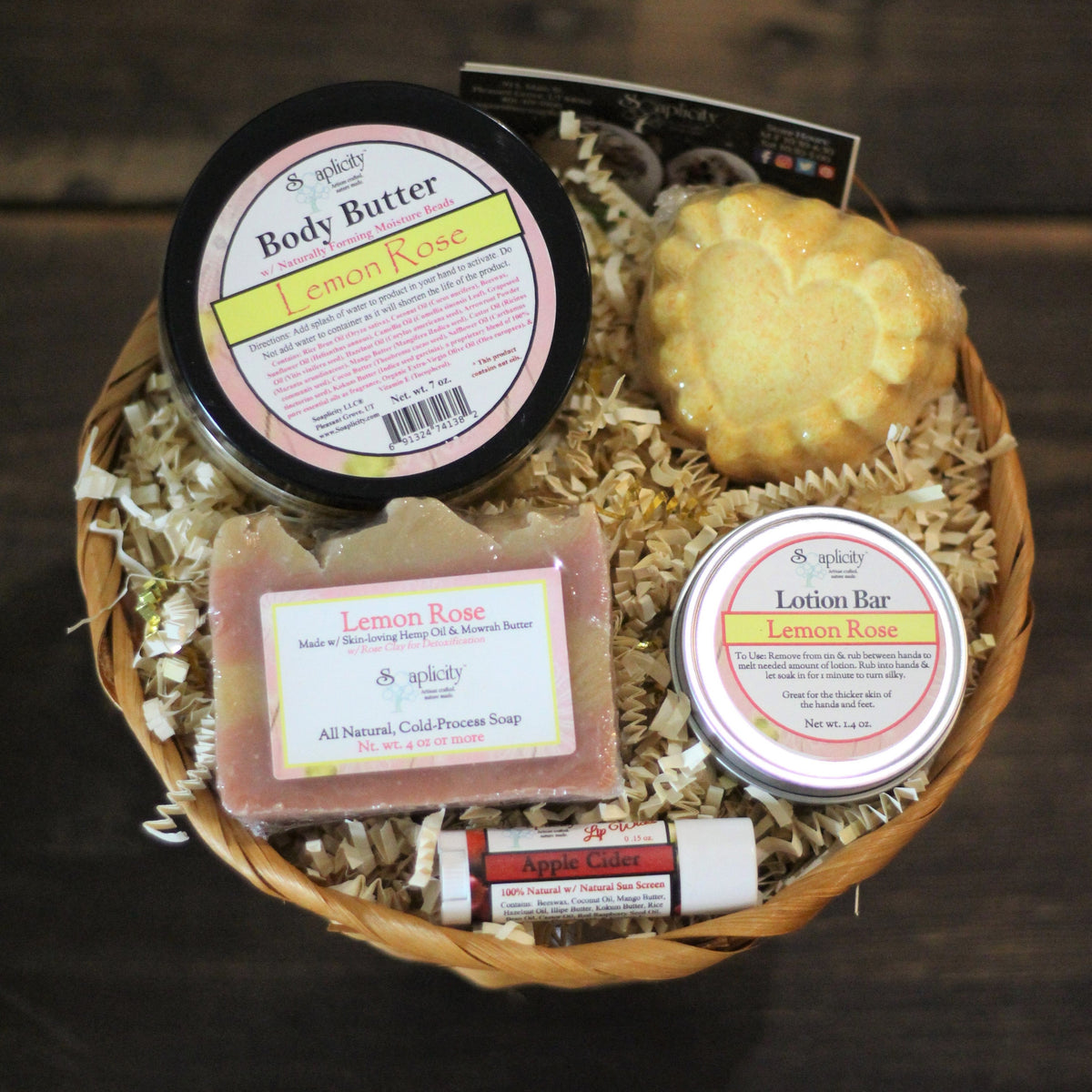 Medium Scentastic gift set basket with Lemon Rose body butter, lotion bar, cold-process soap
