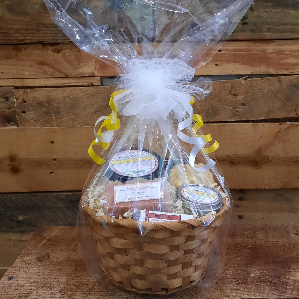 Medium Scentastic gift set basket wrapped in clear plastic with Lemon Rose body butter and lotion