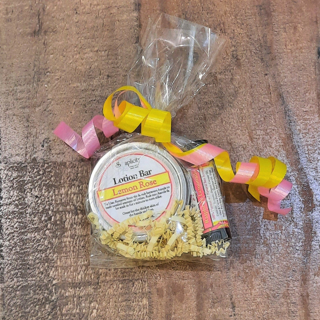 Lotion bar gift set with Lemon Rose lotion bar and lip balm tubes in gift bag