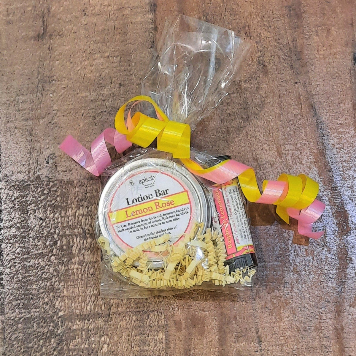 Lotion bar gift set with Lemon Rose lotion bar and lip balm tubes in gift bag
