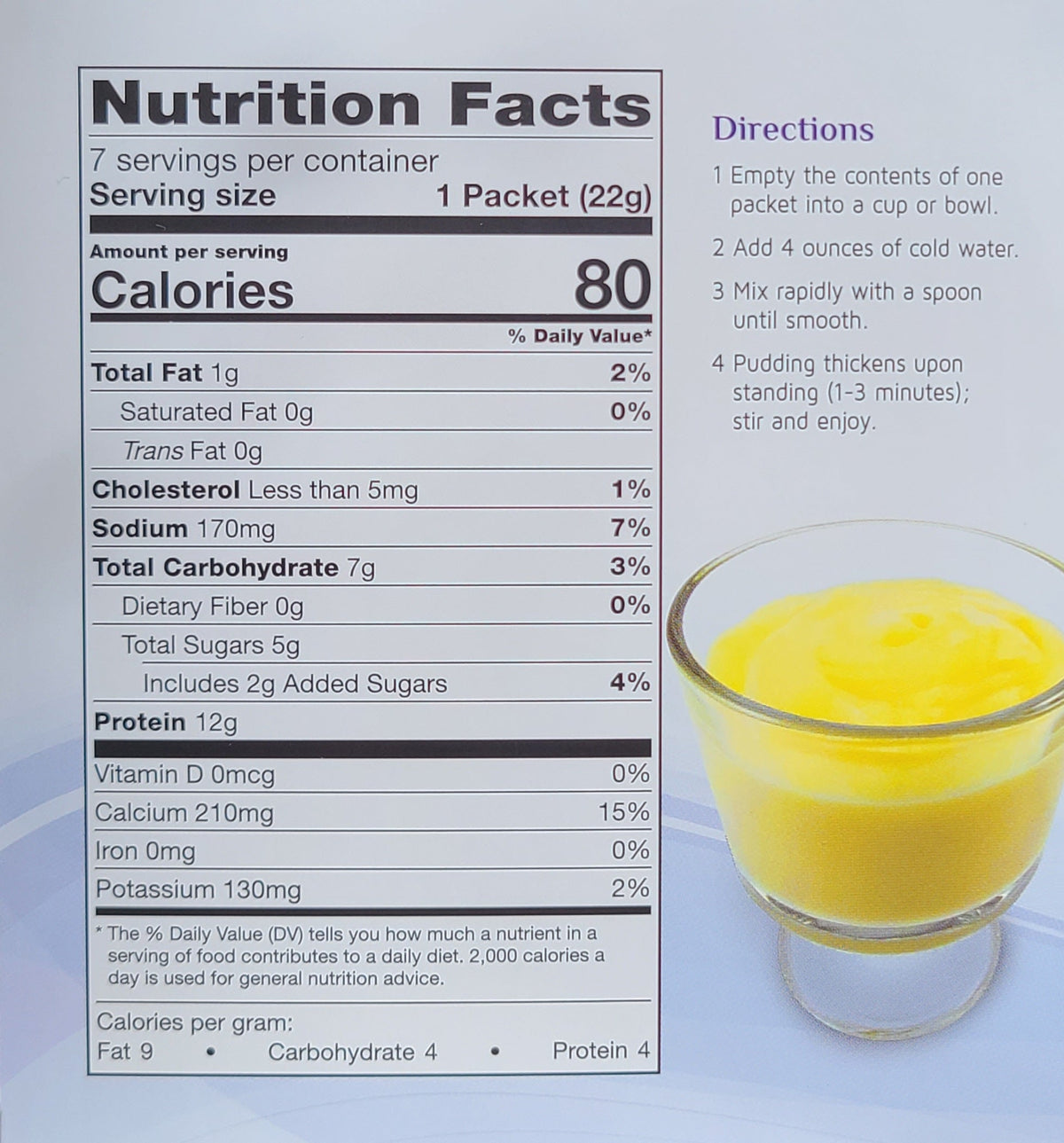 Lemon creme pudding nutrition facts panel with directions and a bowl of yellow pudding