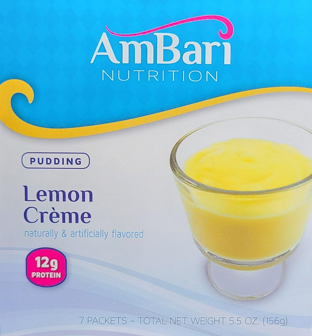 Lemon creme pudding box with AmBari Nutrition logo and pudding cup