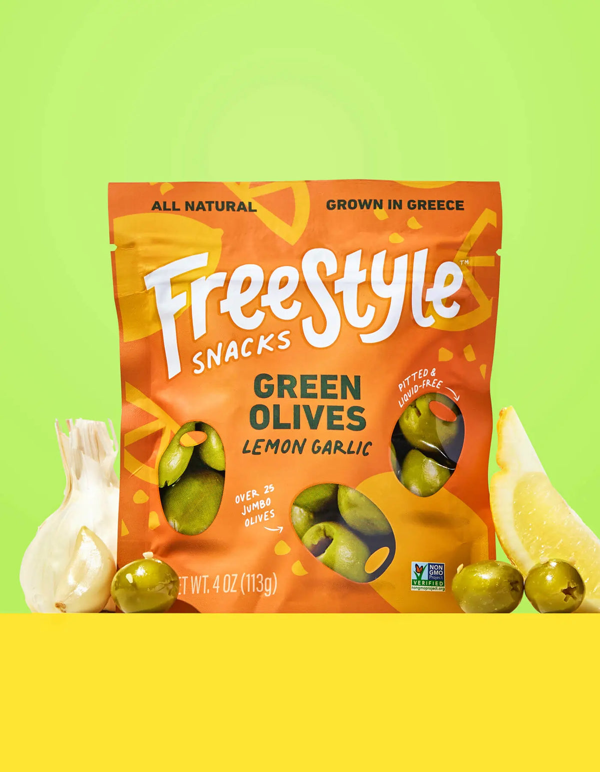 Green olive snack bag, lemon garlic seasoning, FreeStyle front pack