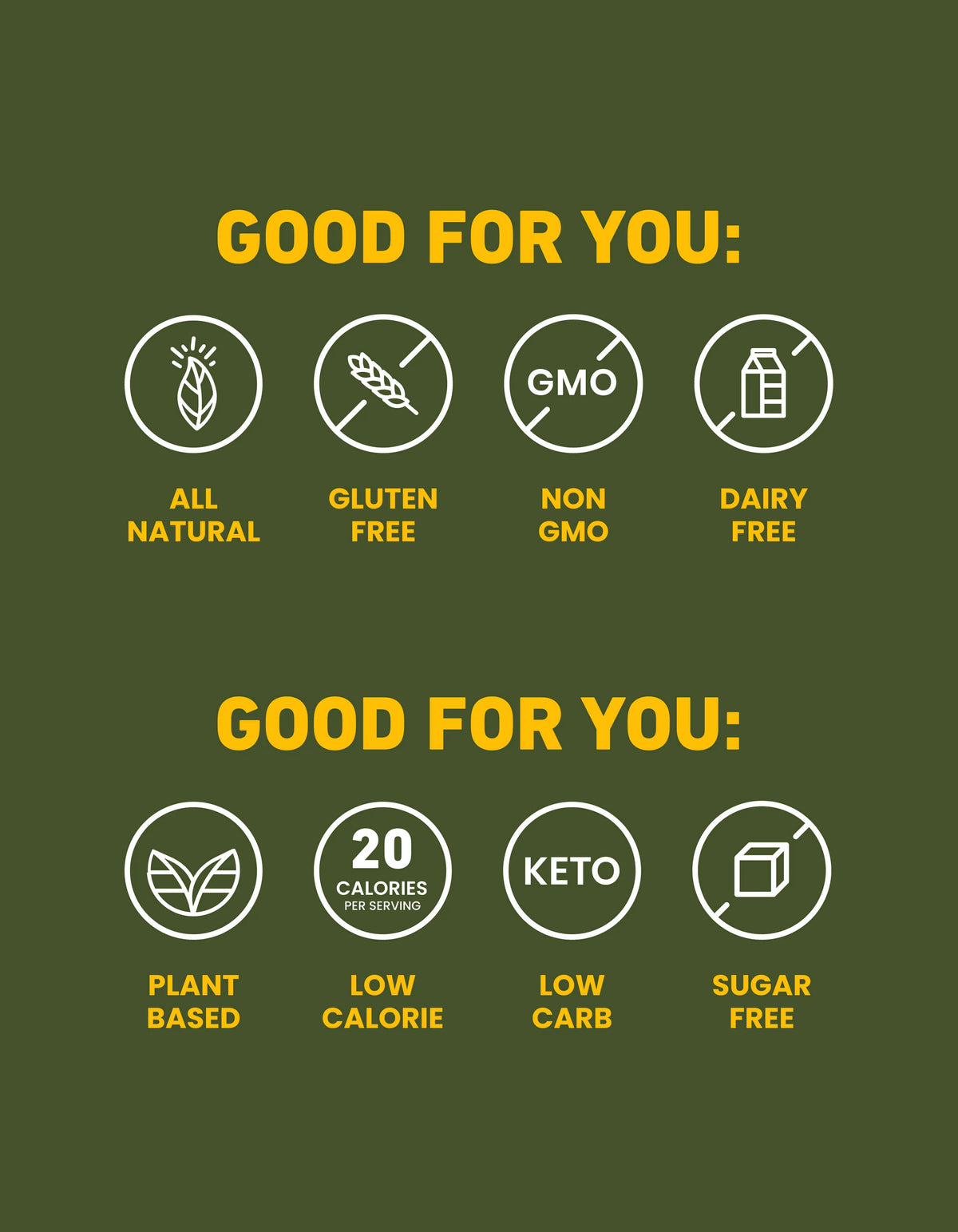 Snack label icons: all natural, gluten-free, non-GMO, dairy-free, low sugar
