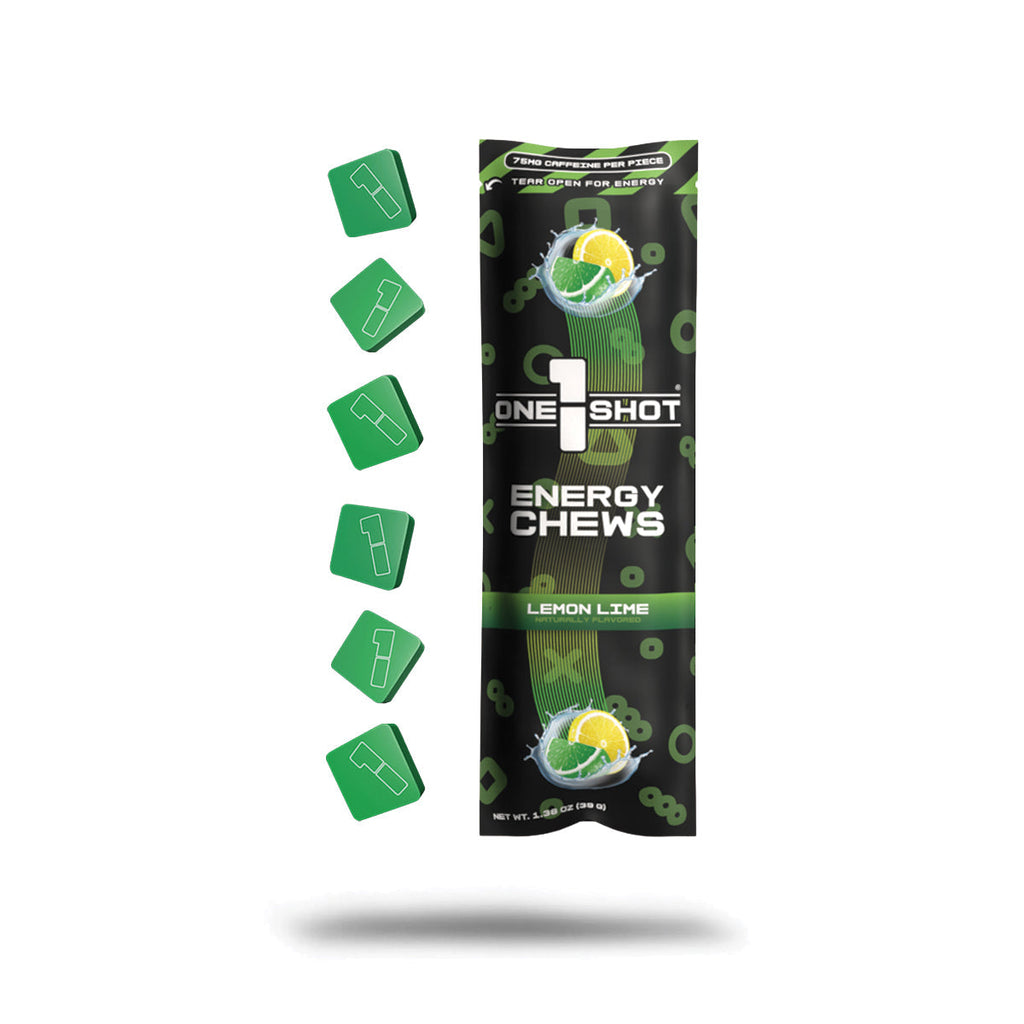 One Shot Energy Chews lemon lime pouch with green label and fruit graphics