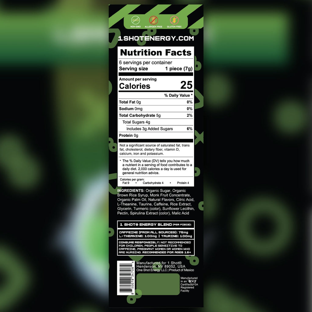 One Shot Energy Chews lemon lime nutrition facts panel on back pouch