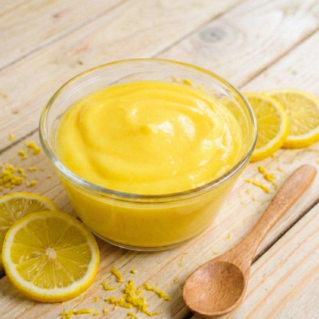 Lemon creme pudding in a glass bowl with lemon slices and a wooden spoon