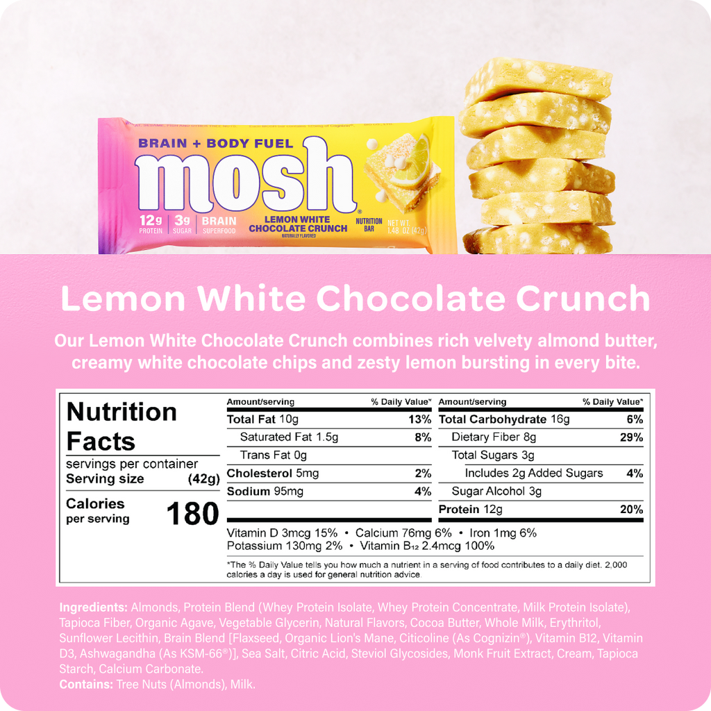 Mosh energy bar wrapper and stacked lemon white chocolate crunch pieces with nutrition panel