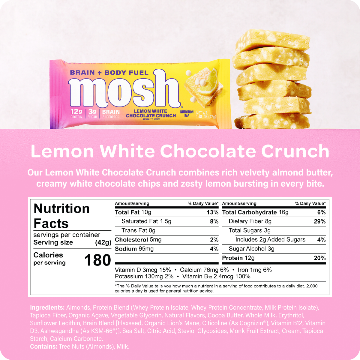 Mosh energy bar wrapper and stacked lemon white chocolate crunch pieces with nutrition panel