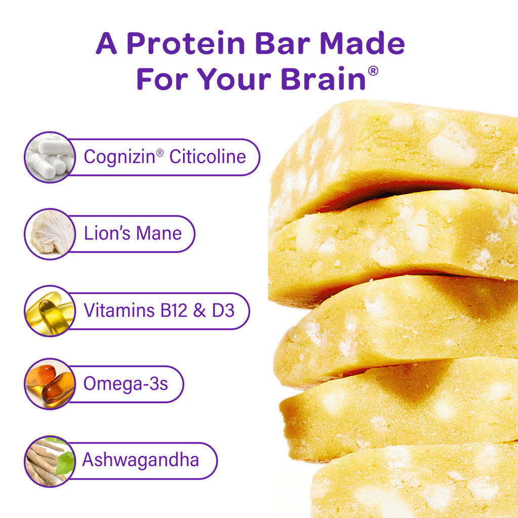 Mosh lemon white chocolate crunch energy bar stack with grainy white chocolate coating