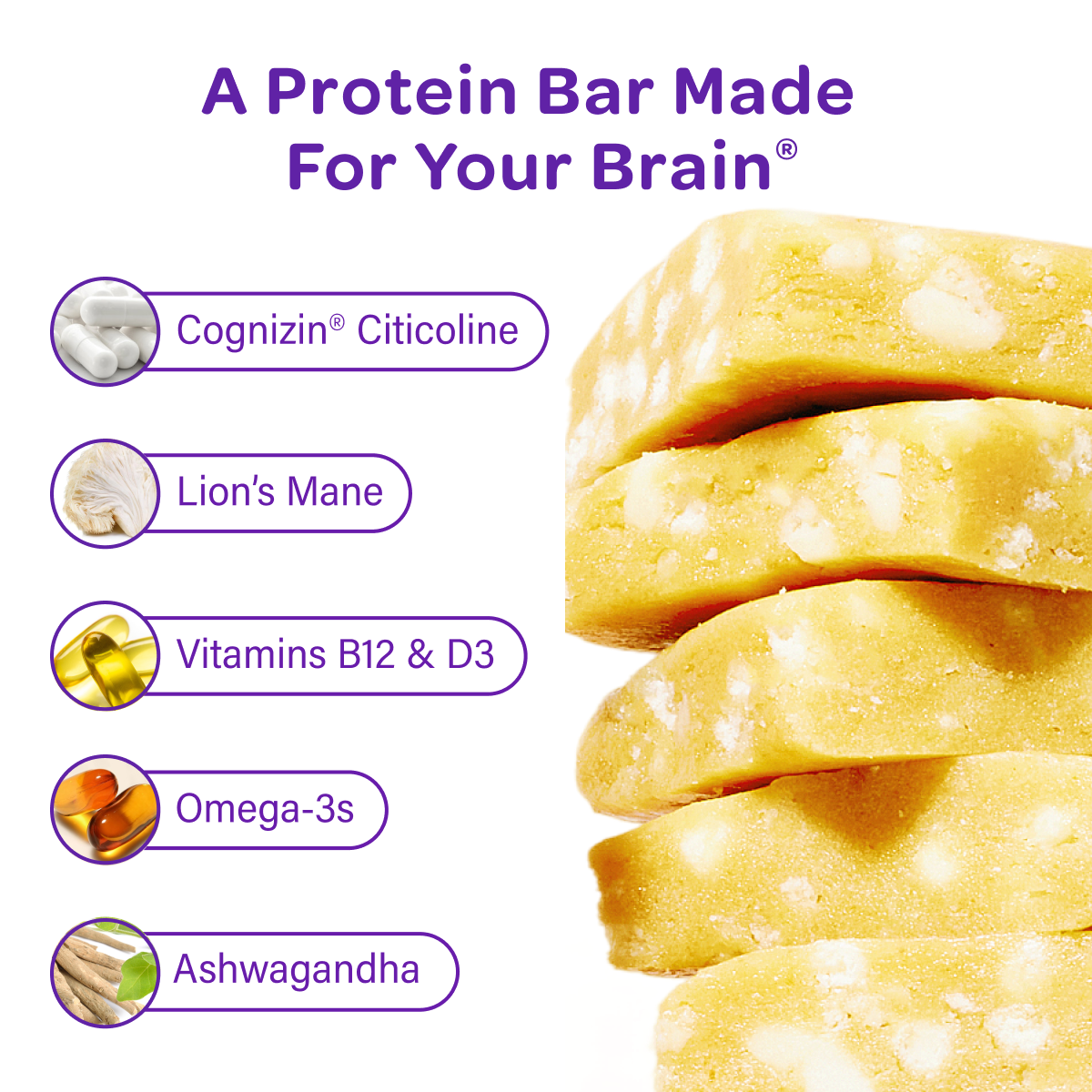 Mosh lemon white chocolate crunch energy bar stack with grainy white chocolate coating