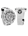 White digital recovery watch with black display and silicone strap.