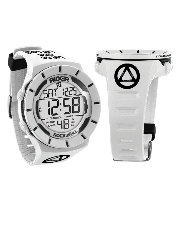 White digital recovery watch with black display and silicone strap.