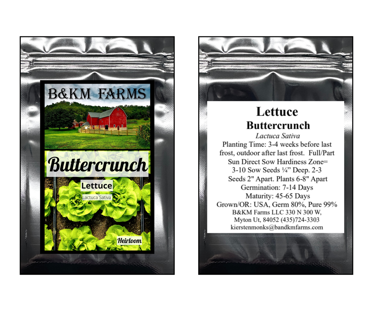 Lettuce seed packet showing front branding and back planting, germination text