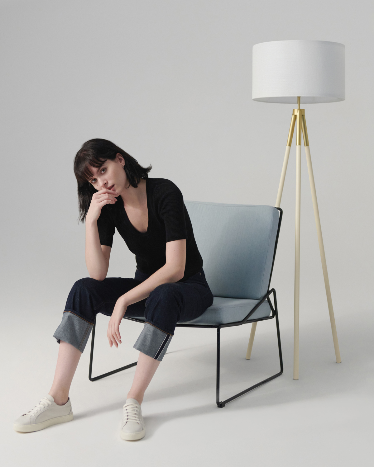 Levi floor lamp with white shade and light gold tripod base