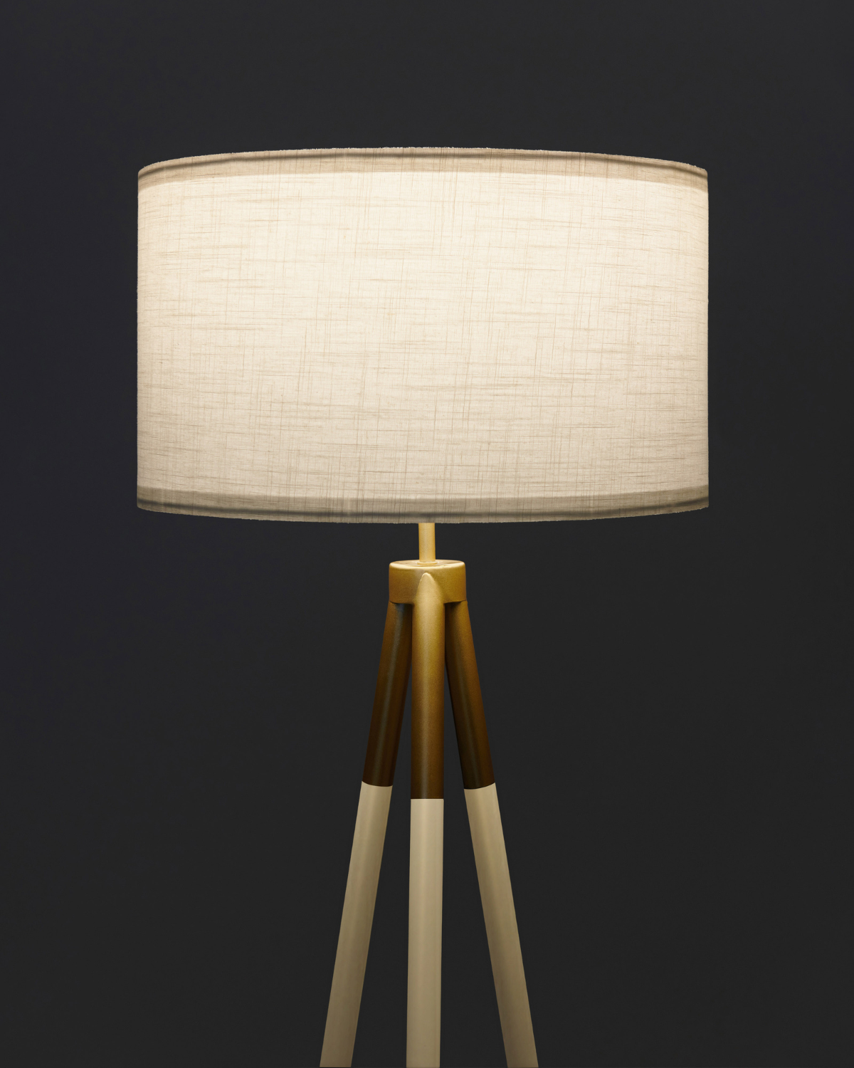 Levi floor lamp with cream fabric drum shade and gold tripod legs