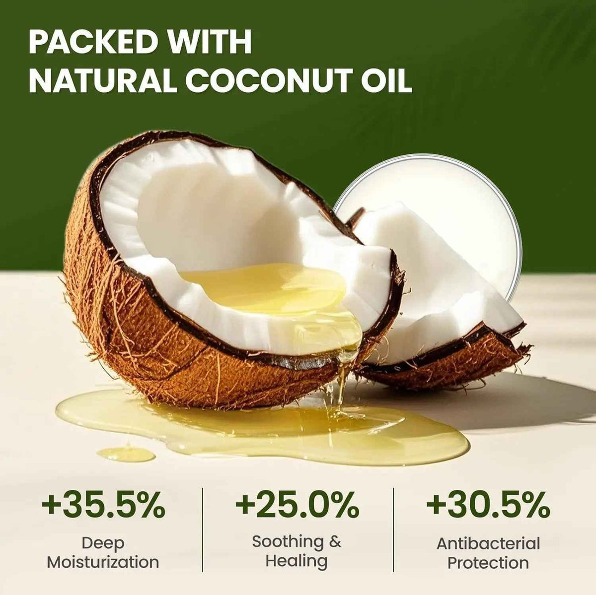 Coconut oil pooled beside a split coconut, illustrating the balm's ingredient