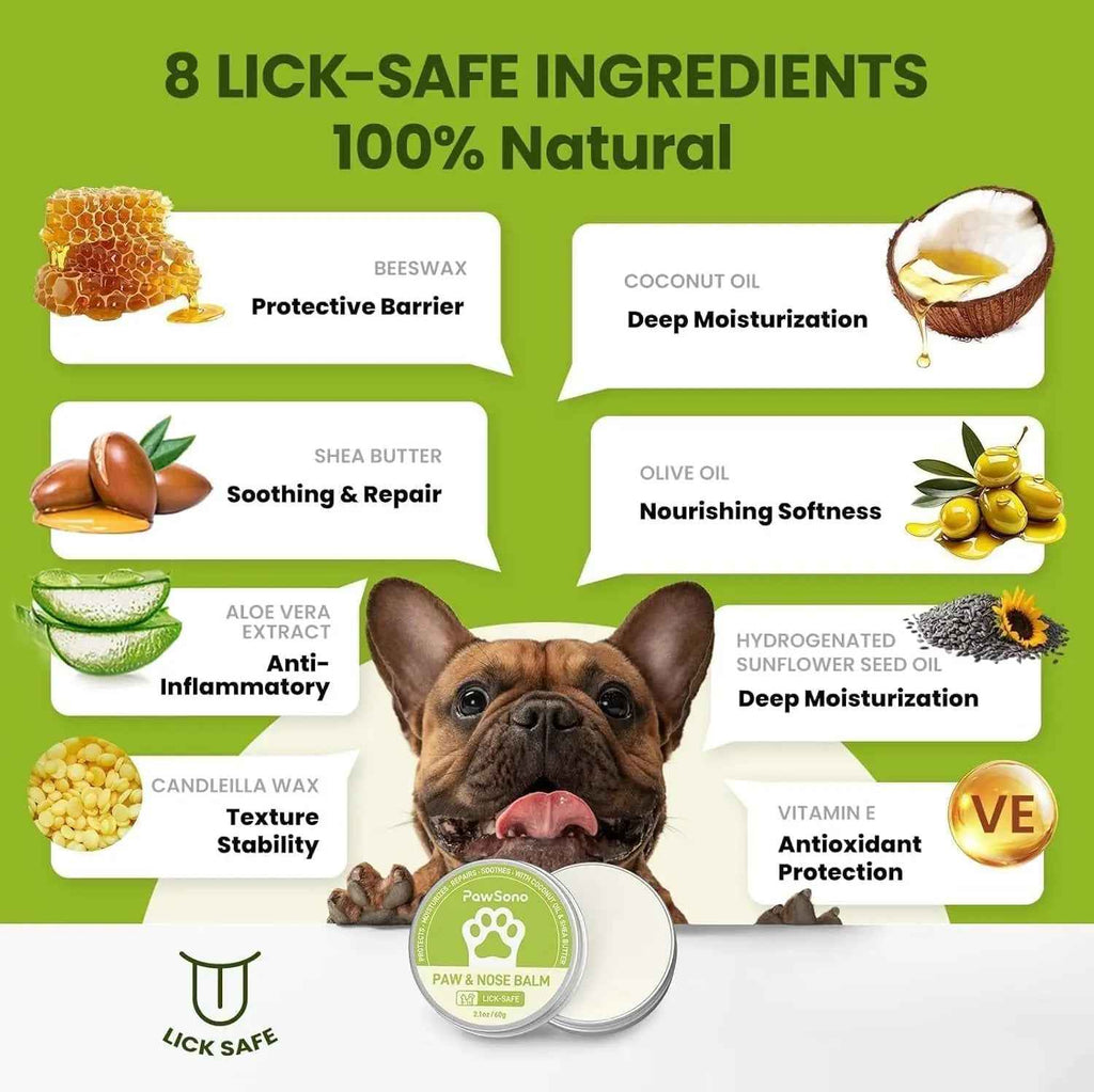 Paw and nose balm tin beside a dog, with an ingredient list