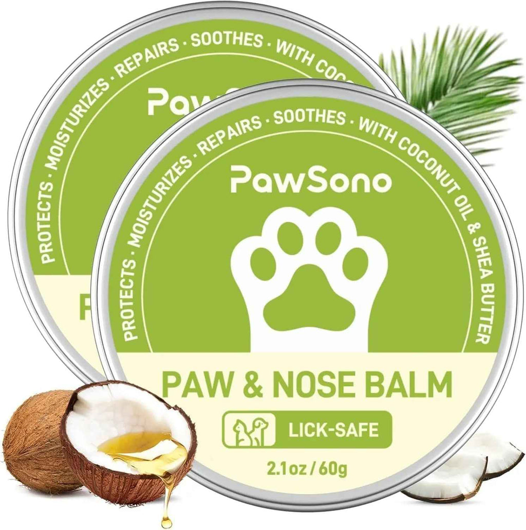 Two PawSono paw and nose balm tins with coconut oil, each labeled 2.1 oz
