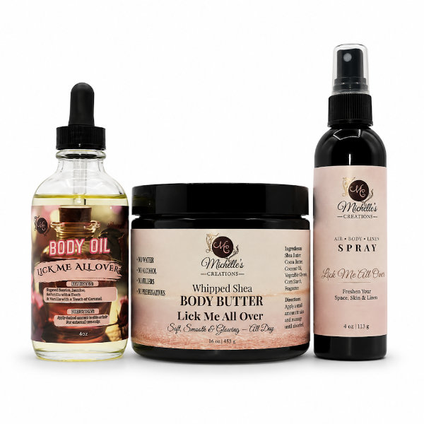 Body oil, whipped shea body butter, and body mist spray set—Lick Me All Over