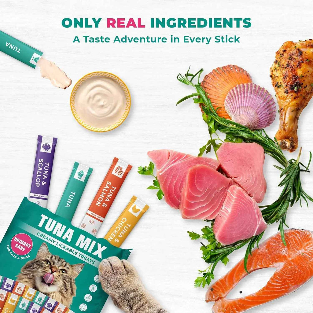 Tuna mix lickable treat pouch with assorted sticks and ingredient illustrations