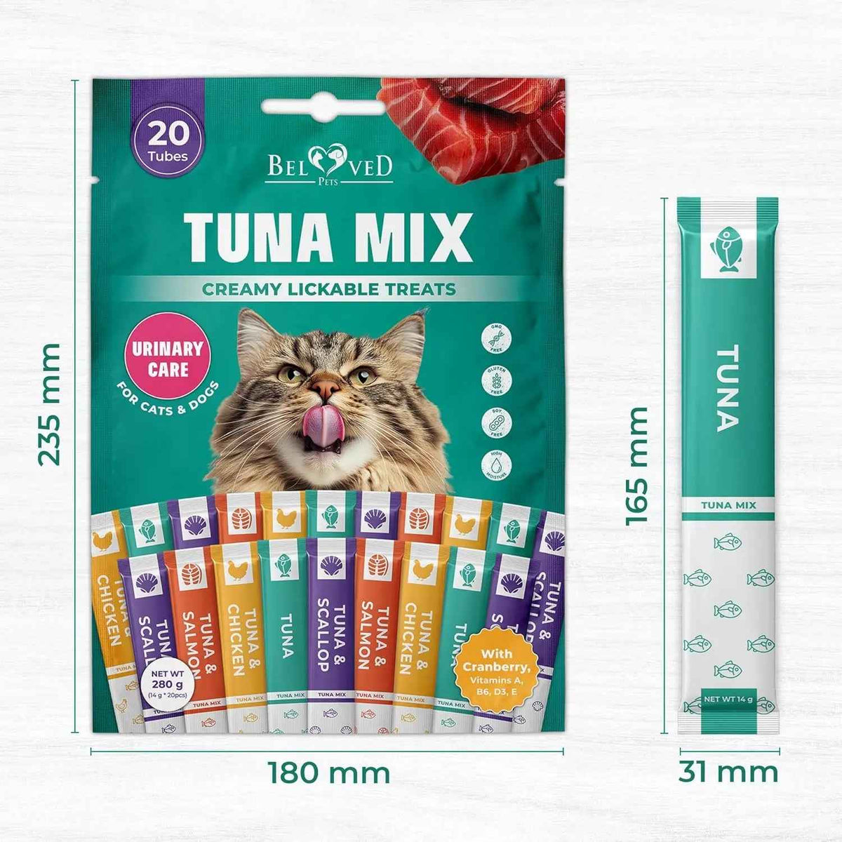 Tuna mix lickable cat treats, 20-stick pouch with individual tuna stick and dimensions