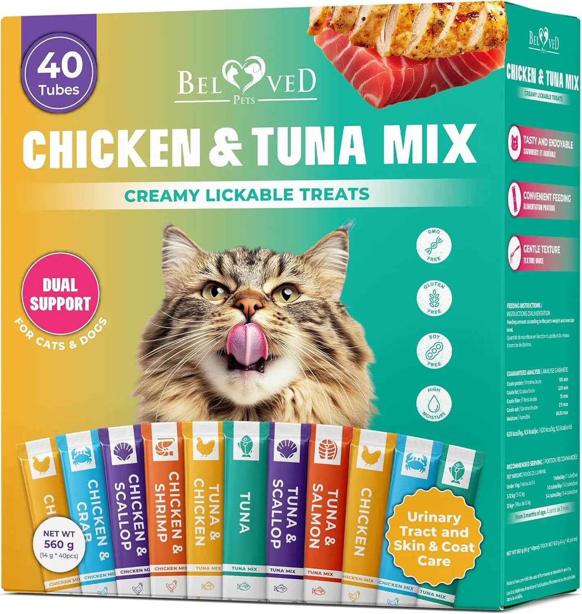 Chicken and tuna mix lickable cat treats, 40-stick box with urinary and skin care