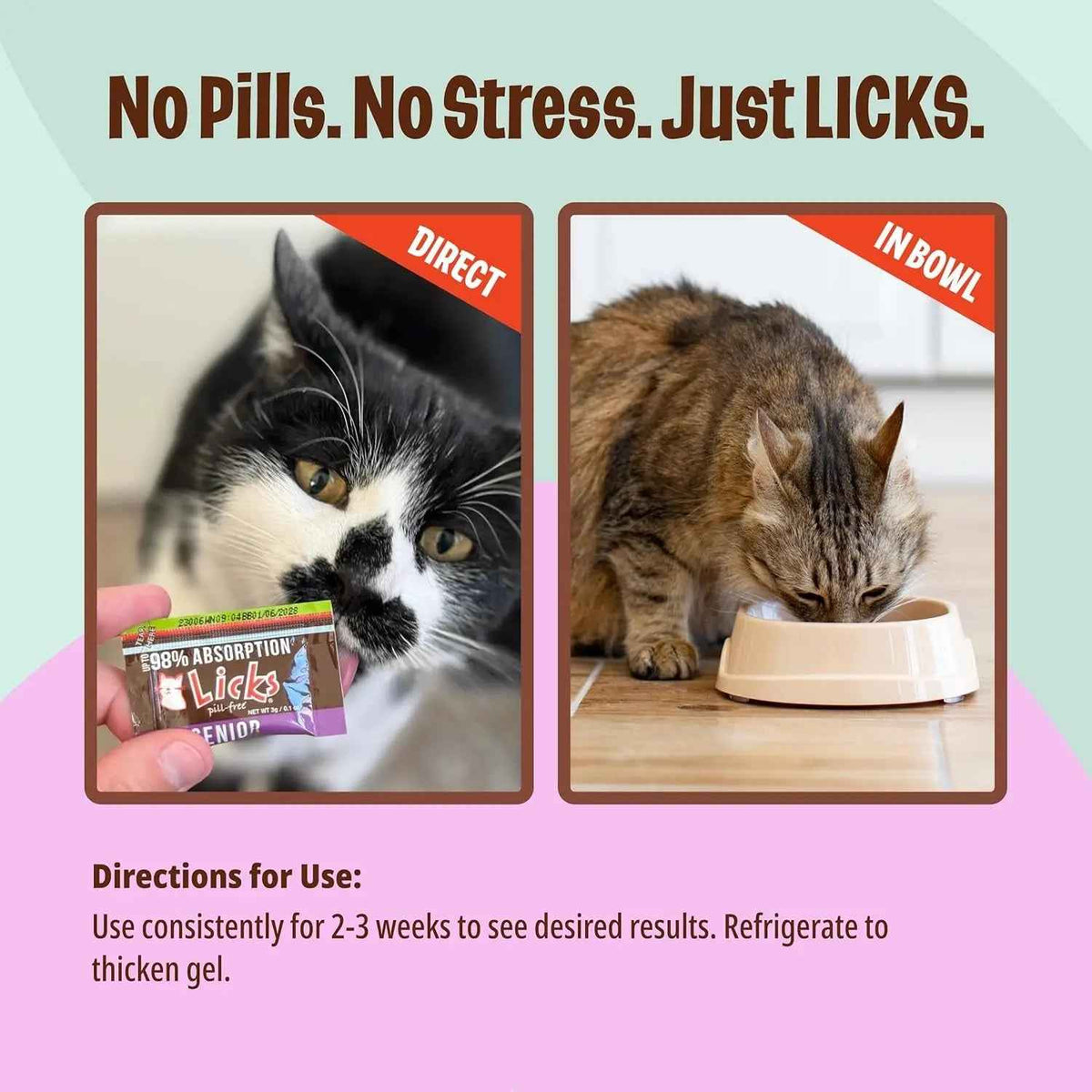 Senior Cat gel supplement sachet shown fed directly and mixed into a bowl