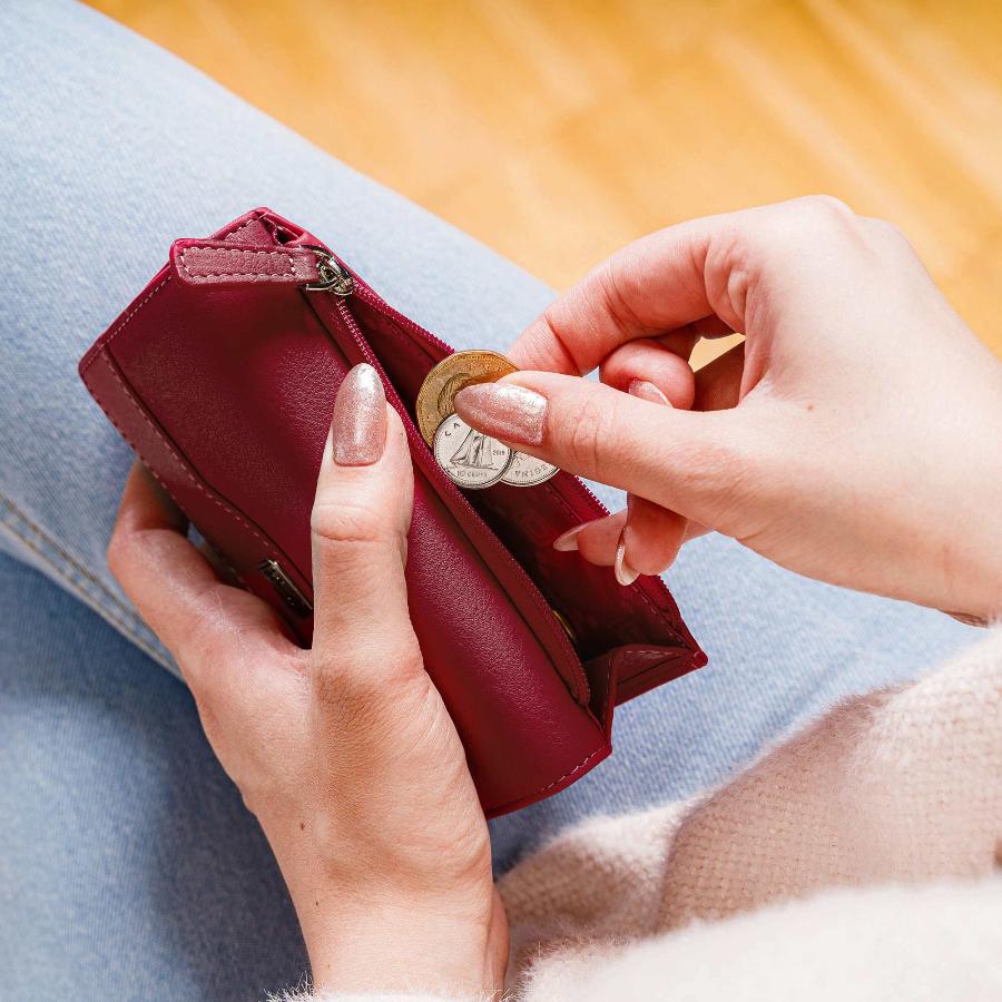 Hands holding red trifold wallet with zipper pocket and folded cash
