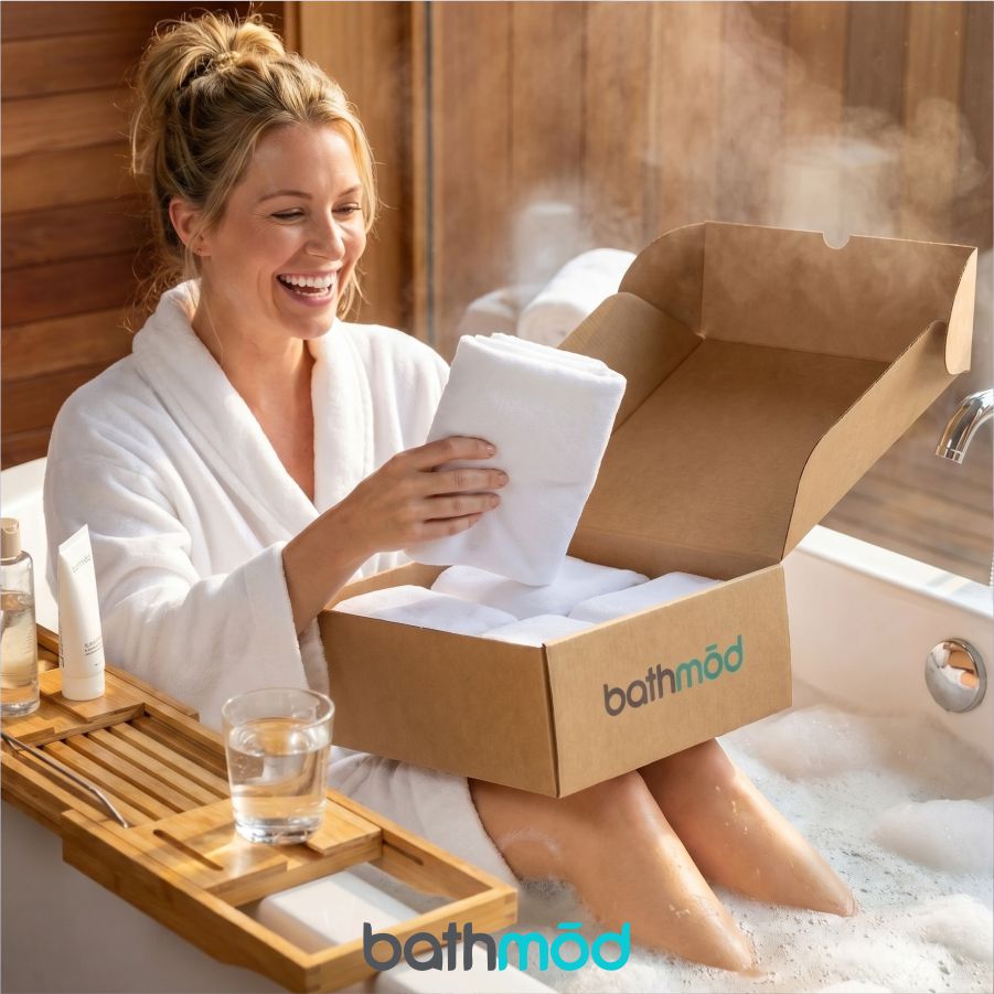 Four-pack of white bath mats in an open Bathmood box
