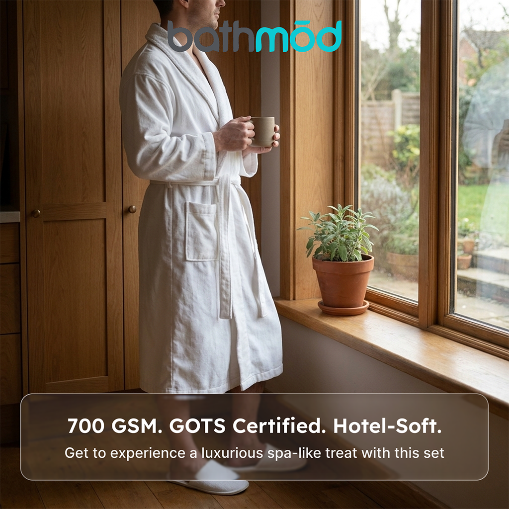 White bathrobe with tie belt and matching slippers beside a window