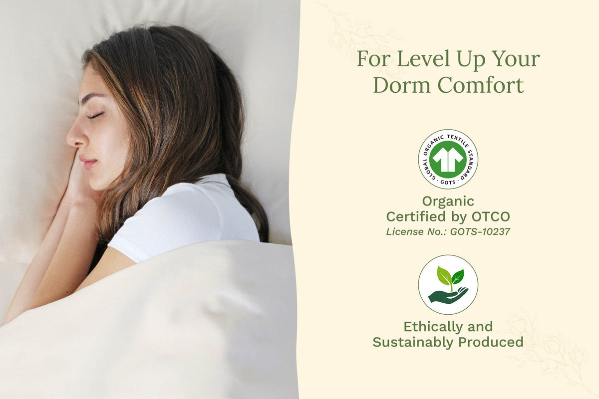 Light cream bed sheet with pillow, shown on a person during sleep