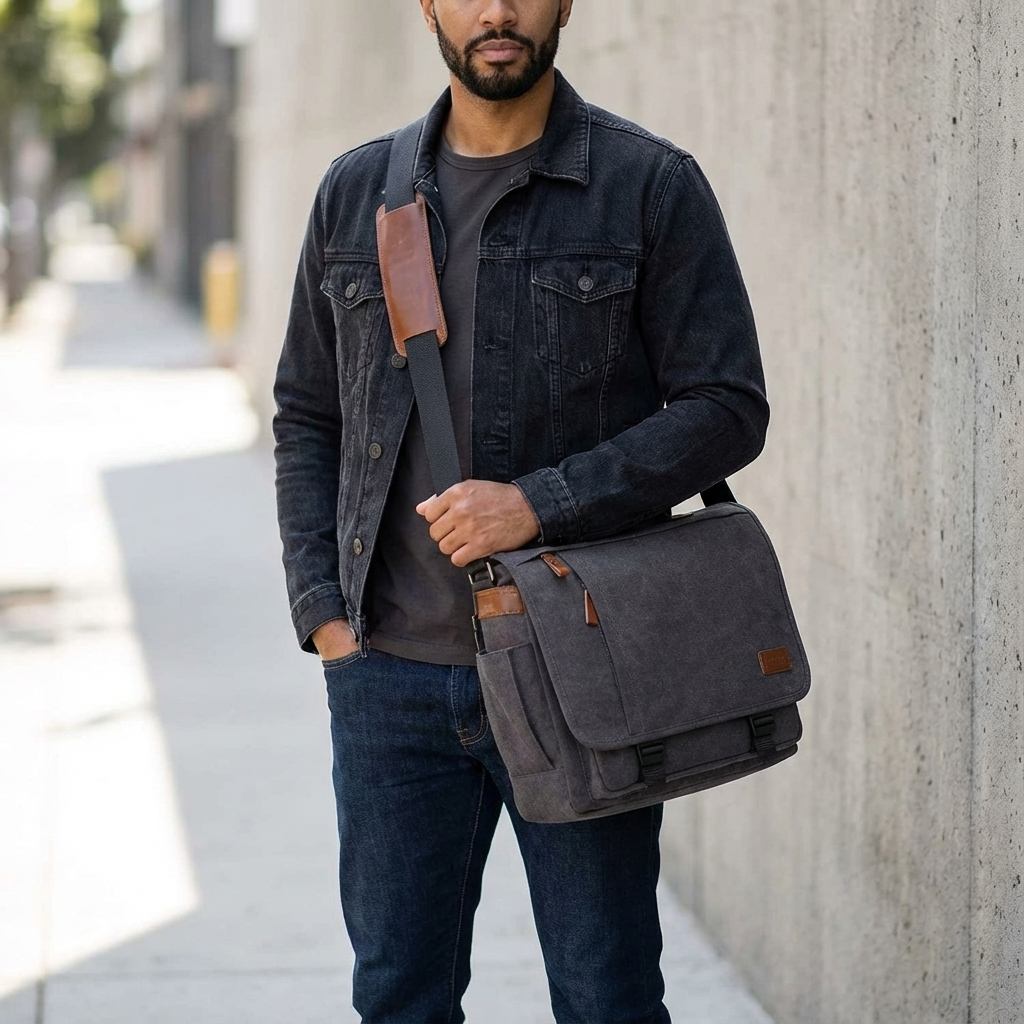 Gray canvas messenger bag with brown leather trim, flap closure and shoulder strap