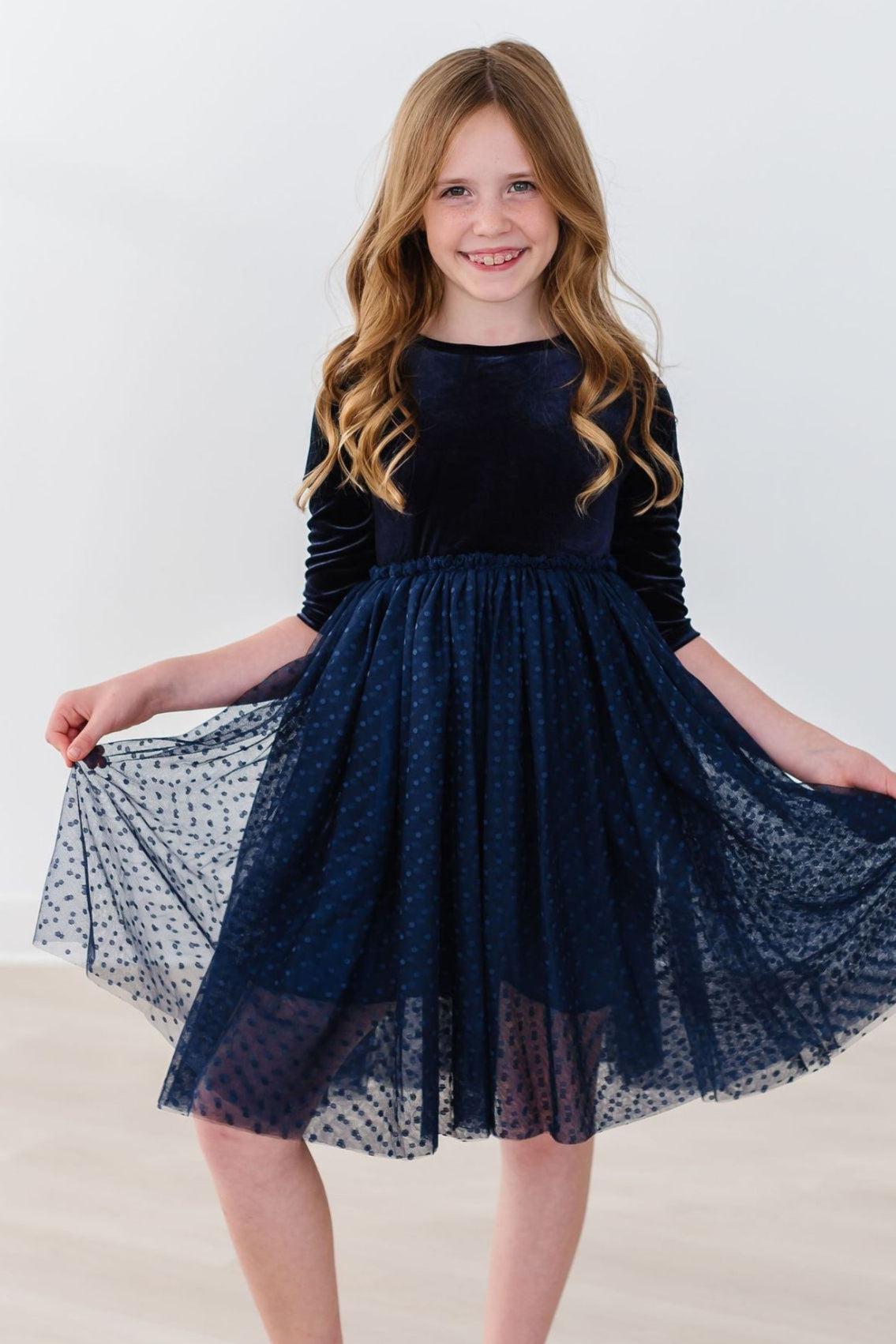Navy velvet long-sleeve tutu dress with gathered bodice and flared tulle skirt