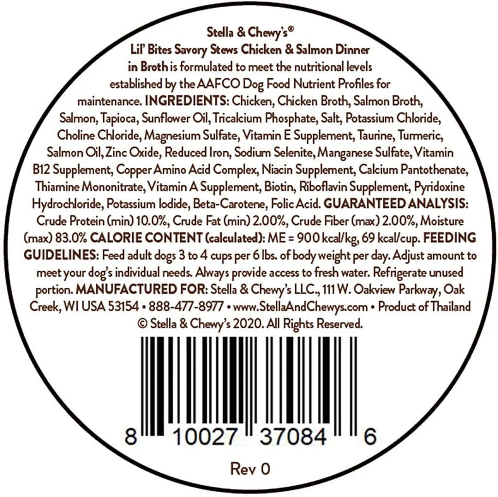 Dog food cup back label with ingredients, feeding guidelines, and barcode